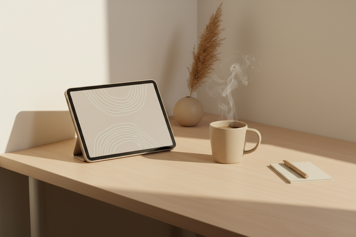 minimal beige desk ipad coffee